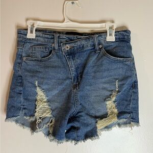 Kendall and Kylie Distressed Denim Women Shorts with Crossover Button